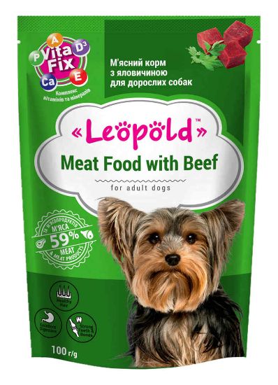 Leopold Dog - Пълноценна консервирана месна храна с говеждо месо за кучета в зряла възраст, 24 х 100гр