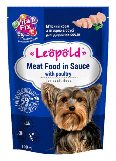 Leopold Dog - Пълноценна консервирана месна храна с птиче месо в сос за кучета в зряла възраст, 24 х 100гр