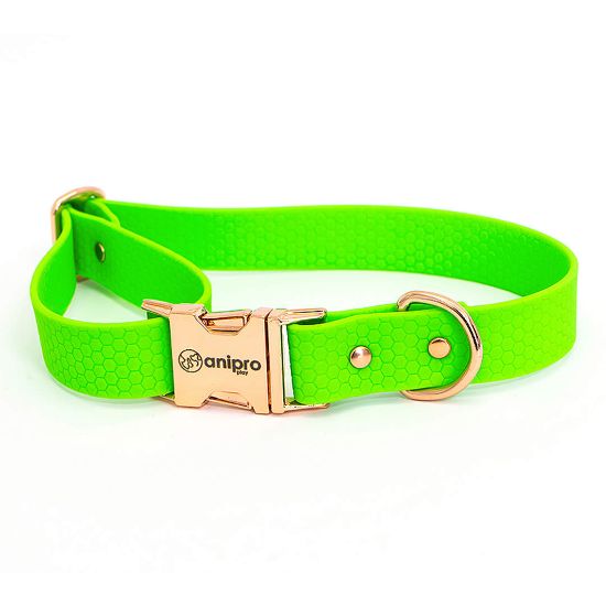 Anipro Hexagon - Регулируем нашийник за кучета, водоустойчива лента хексагон 25мм/35-55см неоново зелен с тока розово злато
