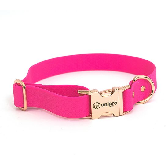 Anipro Hexagon - Регулируем нашийник за кучета, водоустойчива лента хексагон 25мм/35-55см неоново розов с тока розово злато