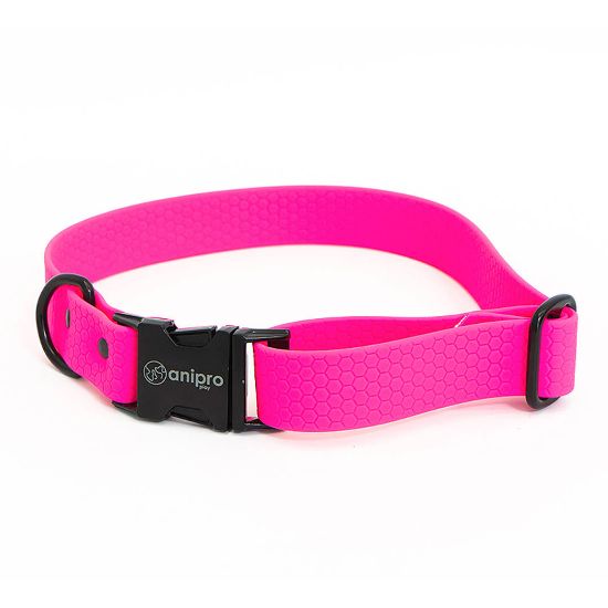 Anipro Hexagon - Регулируем нашийник за кучета, водоустойчива лента хексагон 25мм/35-55см неоново розов с черна тока