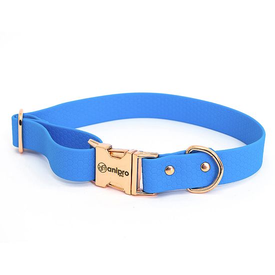 Anipro Hexagon - Регулируем нашийник за кучета, водоустойчива лента хексагон 25мм/35-55см, светло син с тока розово злато