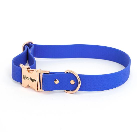 Anipro Hexagon - Регулируем нашийник за кучета, водоустойчива лента хексагон 25мм/35-55см тъмно син с тока розово злато