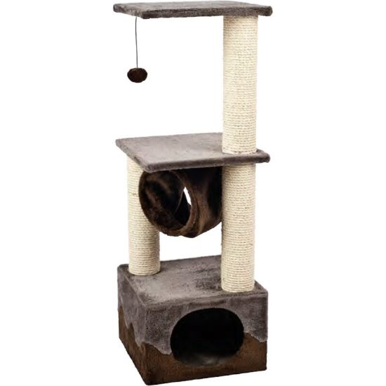 Flamingo Surfer 5 - Модерна драскалка за котки с място за криене, хамак за почивка и топче за игра, 35 x 35 x 102 см.- кафява