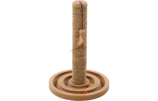 Flamingo Cat Scratching - Модерна драскалка с дървен диск с топчета за котки и перце за игра, 30/40 см.