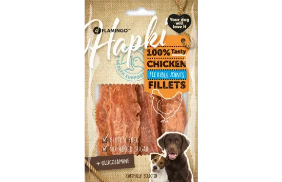 Flamingo Flexible - Вкусно лакомство за кучета, пилешки филета с витамини за гъвкави стави, 85 гр