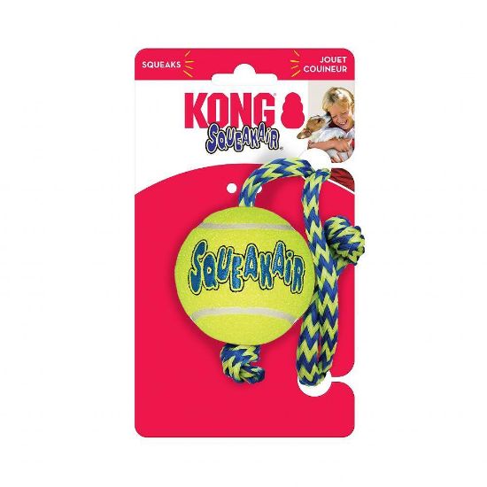 Kong Squeaker Tennis Ball with Rope Medium - Тенис топка с въже за дърпане и дъвчене(50 см.) за кучета с пискюл 6 см.