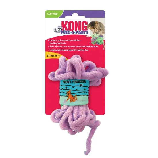 KONG Pull A Partz Yarnz - Играчка за котки 3 в 1, платнена мишка и лента, и кълбо от прежда