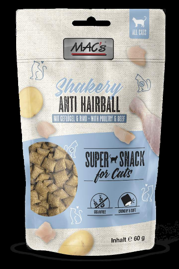 Mаc's Cat Shakery Snack Anti-Hairball - Премиум лакомство за котки, без зърно, против космени топки, снакс с говеждо