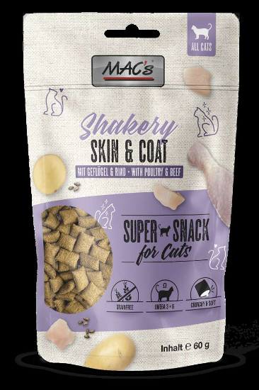 Mаc's Cat Shakery Skin &amp; Coat - Премиум лакомство за котки, без зърно, за красива козина и кожа, снакс с пилешко, сьомга и говеждо