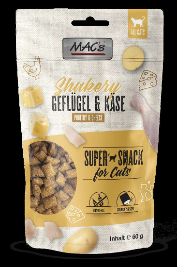 Mac's Shakery Chicken &amp; Cheese - Премиум лакомство за котки, без зърно, снакс с пилешко месо и сирене, 60 гр.