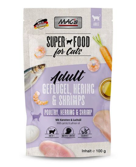 Mac's Cat Adult пауч с пилешко, херинга, скариди и масло от сьомга за израснали котки 100 гр