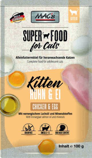 Mac's Super Food For Cats - Премиум пауч за подрастващи котки, без зърно, с пилешко месо и яйца, 100 гр