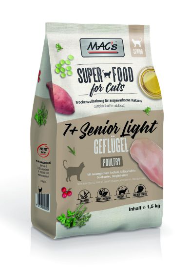 Mac’s 7+ Senior Chicken/ Light - Супер премиум суха храна за котки над 7 годишна възраст, без зърно , с пилешко месо,червена боровинка и картофи 7 кг.