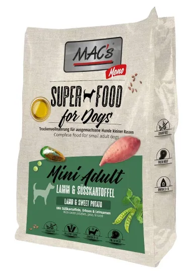 MAC's DOG Mono Mini Adult Lamb & Sweet Potato - Пълноценна суха храна за израснали кучета от малки и мини породи с агнешко месо и картофи, 750 гр.