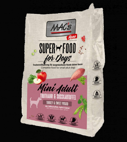 Mac's Monoprotein Mini - Пълноценна храна за израснали кучета от малки и мини породи, с прясно пуешко и сладък картоф, 7 кг.