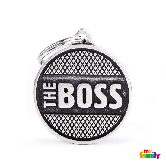 My Family Id Tag - Елегантен алуминиев кучешки адресник медальон с надпис The Boss - сребрист