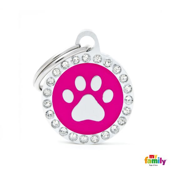 My Family Dog Tag Fuchsia Swarovski's Paw Circle Strass - Ръчно изработен медальон , кръг с лапичка- адресник за кучета и котки 2.15 см. / 2.85 см. - черен