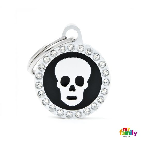 My Family Dog Tag Fuchsia Swarovski's Skull Circle Strass - Ръчно изработен медальон , кръг с череп- адресник за кучета 2.15 см. / 2.85 см. - син