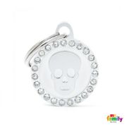 My Family Dog Tag Fuchsia Swarovski's Skull Circle Strass - Ръчно изработен медальон , кръг с череп- адресник за кучета 2.15 см. / 2.85 см. - бял 3