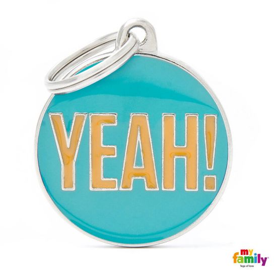 My Family Dog Tag - Ръчно изработен медальон , с надпис Yeah - адресник за кучета 3.93 см. /3.17 см. син