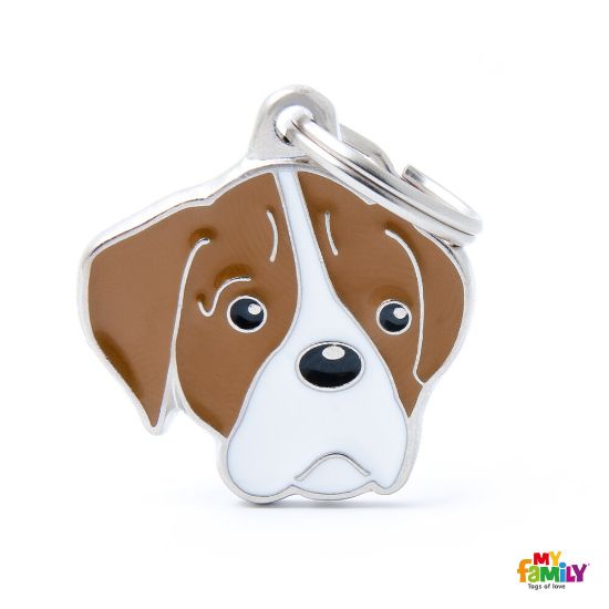 My Family Dog Tag - Ръчно изработен адресник , White Brown Boxer Dog за кучета 2.9 см/ 2.6 см. бяло кафяв