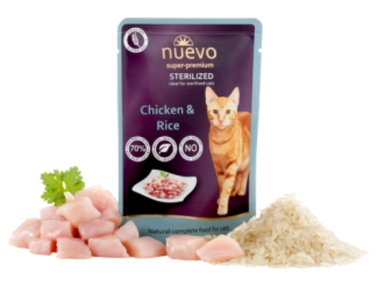 Nuevo - Пауч за кастрирани котки с пиле и ориз, 85 гр