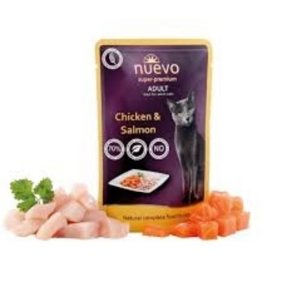 Nuevo Cat Chicken &amp; Salmon - Пауч с пилешко месо и сьомга за израснали котки - 85 гр
