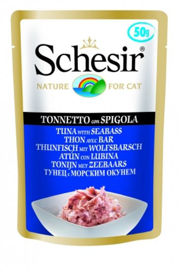 Schesir Pouch Tuna&amp; Sea Bass In Jelly -Храна, пауч за израснали котки с риба тон и лаврак в желе - 50 гр