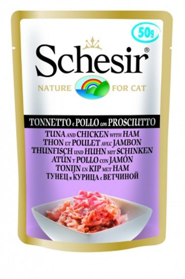 Schesir - Пауч за израснали котки с месо от риба тон, пиле и шунка, 50 гр