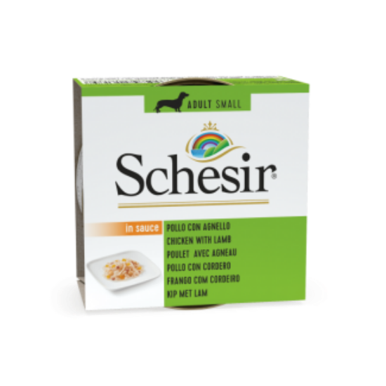 Schesir - Консервирана храна за кучета от малки породи, с пилешко и агнешко месо, 85 гр