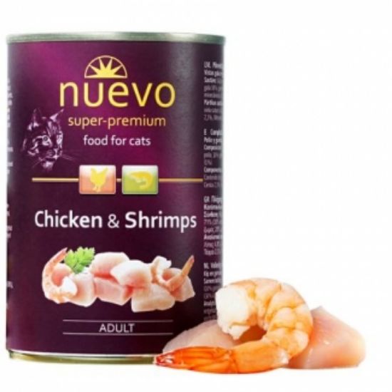 Nuevo Cat Chicken and Shrimps-Консервирана храна за израснали котки с пилешко месо и скариди, 400 гр.