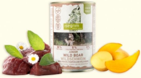 Isegrim - Висококачествена консервирана храна за кучета от 6 до 12 месеца, с месо глиган, картофи и тиква, 400 гр