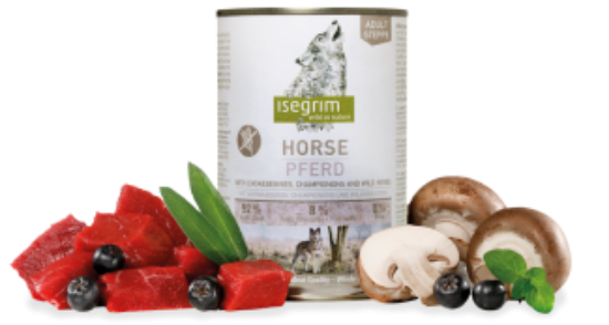 Isegrim - Висококачествена консервирана храна за израснали кучета с конско месо, арония и гъби, 400 гр