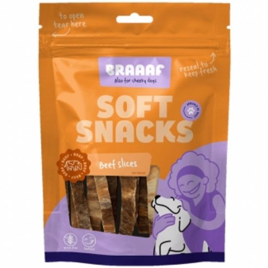 Braaf - Лакомство за кучета, меки и вкусни ленти от телешко месо и риба, 85 гр