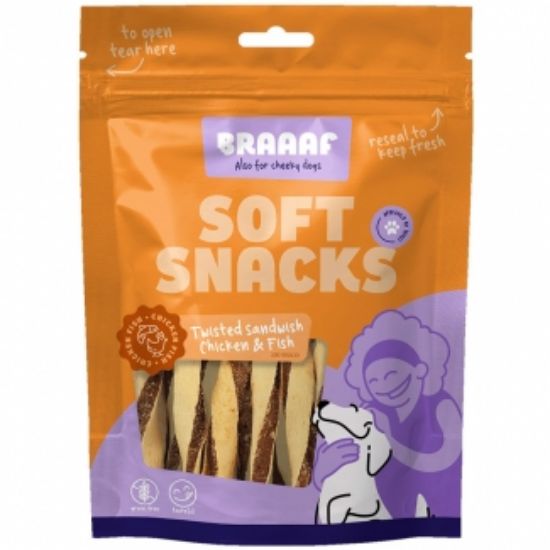 Braаaf - Меки лакомства за кучета, спирали с пилешко месо и риба 85 гр