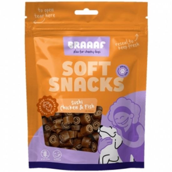 Braаaf - Меки лакомства за кучета, ролца с пилешко месо и риба 85 гр