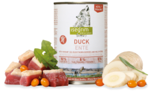 Isegrim - Висококачествена консервирана храна за израснали кучета с месо от патица, пащърнак и билки, 800 гр