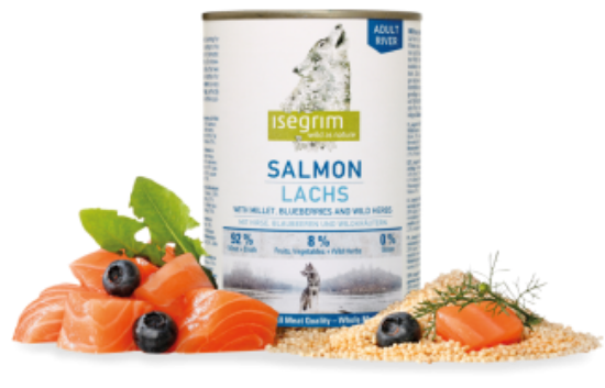 Isegrim - Висококачествена консервирана храна за израснали кучета със сьомга и боровинки, 800 гр