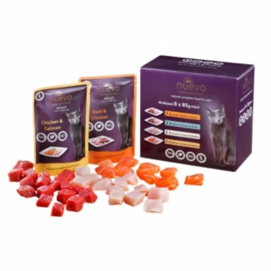 Nuevo - Мултипак паучове за израснали котки с четири видове месо, 85 гр