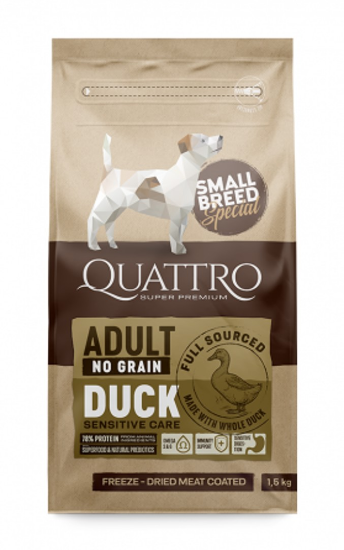 Quattro Small Breed - Пълноценна храна за кучета над 1 година от малки породи, с патешко месо, 1.5 кг.