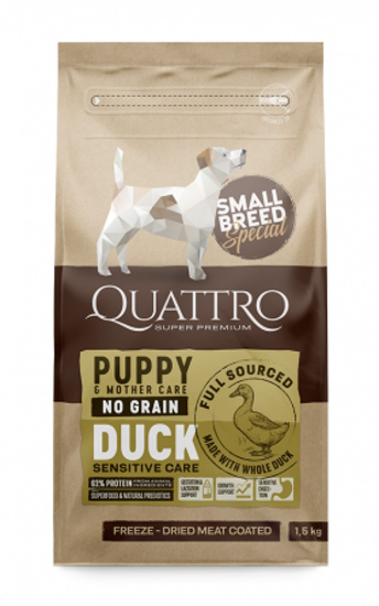 Quattro Small Breed - Пълноценна храна за кученца от малки породи до 2 месеца, бременни и кърмещи женски кучета с месо от патица, 1.5 кг.