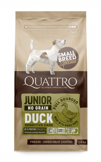 Quattro Small Breed - Пълноценна храна за подрастващи кученца от малки породи от 2 до 12 месеца с патешко месо, 1.5 кг.
