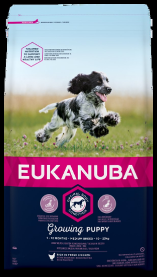 Eukanuba Puppy Medium - Пълноценна суха храна за подрастващи кучета средни породи с пилешко и пуешко месо, 3 кг.