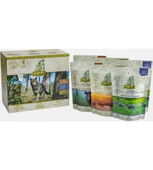Isegrim Adult - Мултипак паучове за израснали кучета, монопротеин, 2 x глиган 2 х пуйка 2 х конско, 410 гр