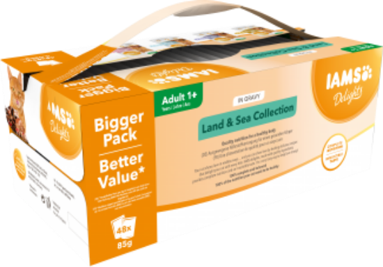 Iams Delights Land &amp; Sea Collection in Gravy - Вкусни паучове за израснали котки с пикантно пиле и пуйка, агнешко и червен пипер, дива риба тон и грах и сьомга на пара и треска, 40 х 85 гр