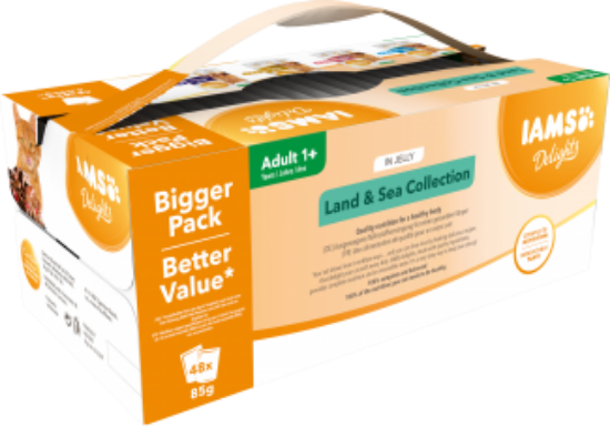 Iams Delights Land &amp; Sea Collection in Jelly - Вкусни паучове с дива риба тон и херинга, вкусна сьомга и пъстърва, печена пуйка и патица и сочно агнешко и дроб, 48 х 85 гр