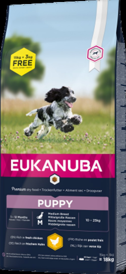 Eukanuba Dog Puppy Medium - Пълноценна суха храна за подрастващи кучета от средни породи с пилешко месо, 15 кг.