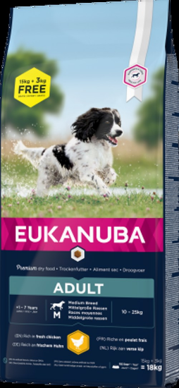 Eukanuba Adult Medium Breed - Пълноценна суха храна за изранали кучета от средни породи с пилешко месо, 15 кг.