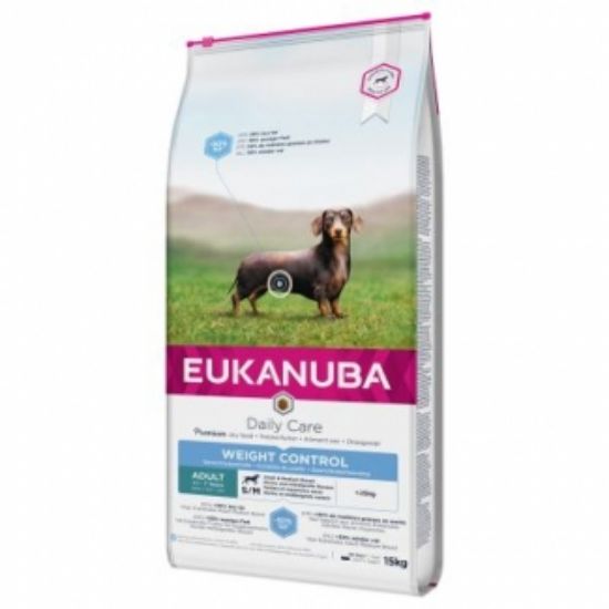 Eukanuba Daily Care Small / Medium Weight Control - Балансирана суха храна за израснали кучета от дребни и средни породи склонни към напълняване с пилешко и пуешко месо, 15 кг.